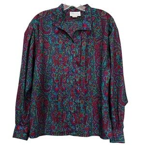Shapely Vintage 12 Large Bright Floral Paisley Button Down Secretary Blouse G4